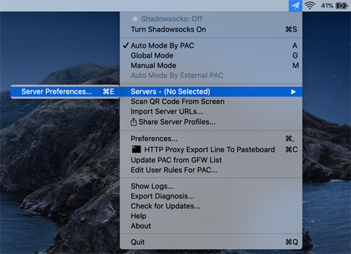 ShadowsocksX-NG Server Preferences Menu