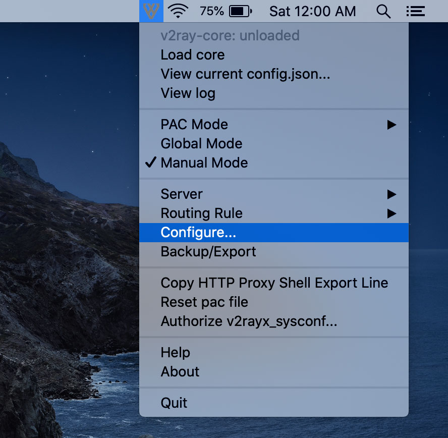 Abrindo a Janela de Configuração do v2rayX no Mac